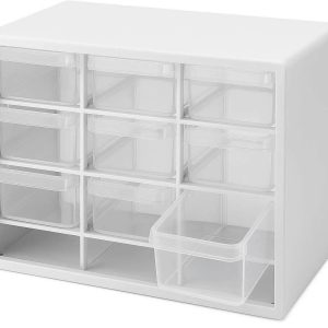 11 Mini Desktop Storage Drawers 9 Grid Plastic Jewelry Box and Craft Organizer with Removable Dividers Small Cabinet for Beads Screws White