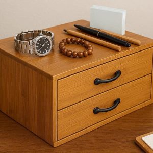 Desktop Storage Cabinet with 2 Wood Drawers Small Bamboo Organizer for Office Stationery Jewelry and Watches Executive Desk Decor Brown