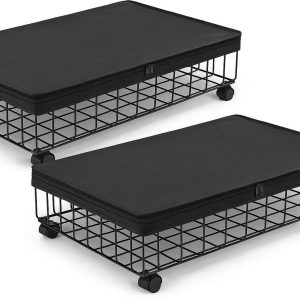 18 Underbed Storage Containers with Wheels Set of 2 Metal Wire Rolling Drawers with Dust Proof Cover for Clothes Shoes and Toys Black
