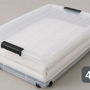 19 Hard Shell Plastic Underbed Storage Box with Lid 40L Large Capacity Rolling Flat Bin with Wheels for Bedding Organization Clear Design