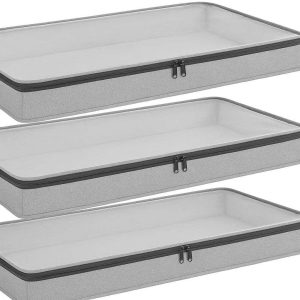 24 Slim Underbed Storage Box with 2 Way Zippers Low Profile Fabric Clothes Organizer with Clear Top for Small Spaces and Low Beds Set of 3