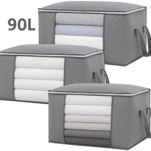 25 90L Extra Large Wardrobe Storage Bags Set of 3 Foldable Clothes Organizer with Reinforced Handles and Clear Window for Blankets Bedding