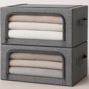 Foldable Wardrobe Clothes Organizer with Steel Frame Set of 2 Fabric Storage Boxes with Clear Window and Handles for Stackable Closet