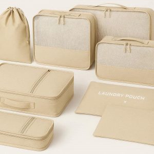 1 8 Set Luggage Packing Cubes with Shoe Bag and Laundry Pouch Lightweight Travel Organizer Bags for Suitcases Compression Mesh Cubes Beige
