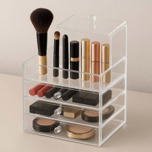 15 Clear Acrylic 4 Drawer Makeup Organizer Small Desktop Storage Cabinet for Lipsticks Eyeshadows and Brushes Dust Proof Vanity Display Case