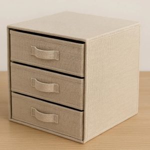 Fabric Desktop Storage Box with 3 Drawers Small Collapsible Cabinet for Underwear Socks and Office Supplies Space Saving Organizer Beige