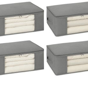 Underbed Storage Bags with Clear Window Set of 4 Foldable Fabric Clothes Organizer for Blankets Comforters Bedding and Winter Sweaters Gray