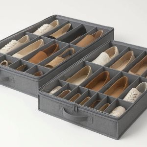 Underbed Shoe Storage Organizer with Clear Cover Set of 2 Fabric Dividers for 24 Pairs of Shoes Space Saving Under Bed Closet Gray