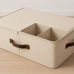 21 Breathable Canvas Underbed Storage Chest with Removable Dividers Large Soft Storage Box for Clothes Bedding and Toys with Leather Handles