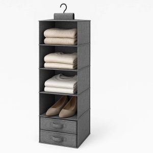 Hanging Wardrobe Organizer with 5 Shelves and Drawers Collapsible Canvas Closet Storage System for Clothes Sweaters Shoes Space Saving Gray