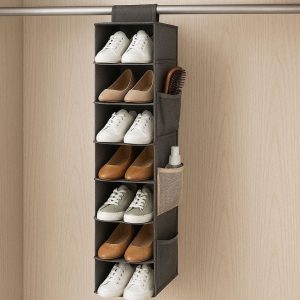 Hanging Shoe Organizer for Wardrobe Closet 10 Tier Narrow Storage Shelves for 10 Pairs of Shoes Space Saving Fabric Rack with Side Pockets