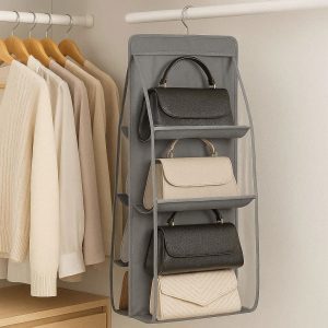 Hanging Handbag Organizer for Wardrobe Closet 6 Pocket Clear Plastic Purse Holder for Handbags and Clutches Dust Proof Storage Gray